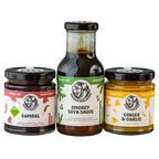Makan Malaysia Chef Kit: jars of Sambal and Ginger & Garlic Paste with a bottle of Smokey Soya Sauce